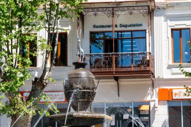 Sighnaghi, Kakheti, Georgia - May 2, 2018: Fountain in center of Sighnaghi (Signagi) city at Kakheti, Georgia