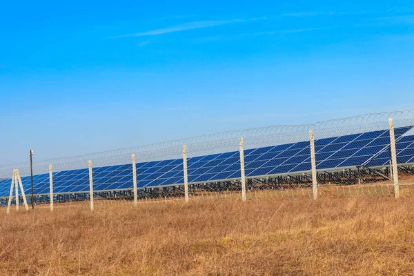 太陽光発電所の太陽光パネルの行 革新のための太陽電池モジュール代替エネルギー — ストック写真