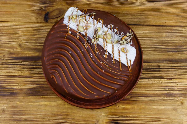 Torta Cioccolato Saporita Tavolo Legno Vista Dall Alto — Foto Stock