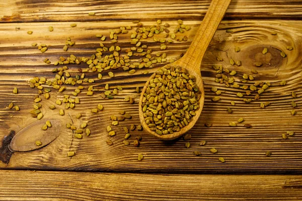 Graines Fenugrec Dans Une Cuillère Bois Sur Une Table Bois — Photo