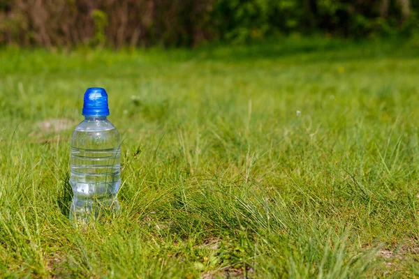 Botella Plástico Con Agua Potable Fresca Hierba Verde Prado — Foto de Stock