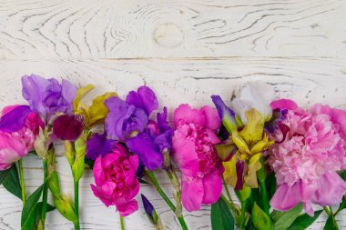 Beyaz ahşap arka planda renkli iris çiçekleri ve pembe şakayıklar. Üst görünüm, alanı kopyala