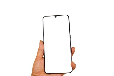 Beyaz arka planda izole edilmiş modern akıllı telefona sahip el.