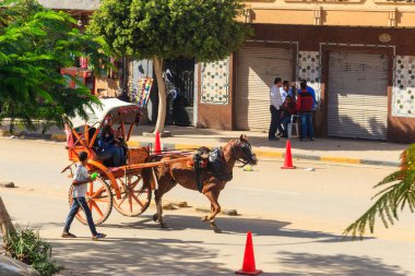 Kahire, Mısır - 8 Aralık 2018: Mısır 'ın Kahire şehrinde at arabası süren turistler