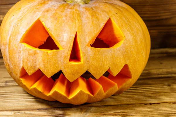 Spooky Halloween Zucca Jack Lanterna Uno Sfondo Legno — Foto Stock