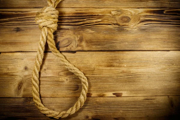 Halálos Kötélhurok Fából Készült Háttéren Halálbüntetés Vagy Öngyilkosság Fogalma — Stock Fotó