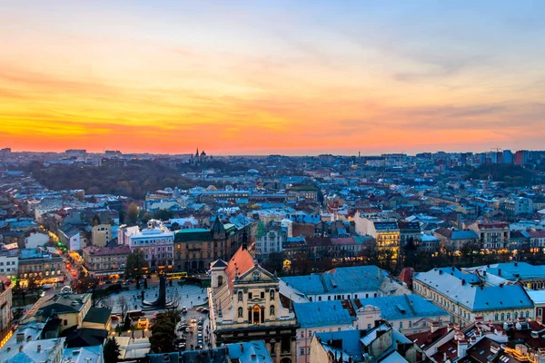 Aerial View Old Town Lviv Ukraine Sunset Lvov Cityscape View — Stock Photo, Image