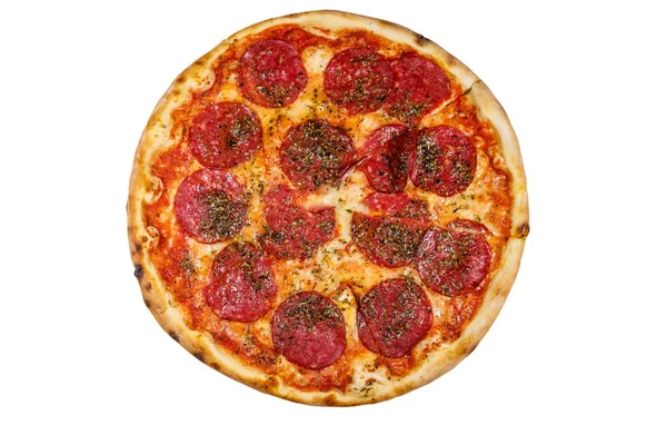 Deliciosa Pizza Fresca Con Salchicha Queso Aislado Sobre Fondo Blanco —  Fotos de Stock