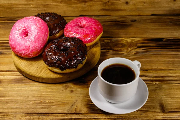 Cup Coffee Tasty Donuts Wooden Table — Stock Photo, Image