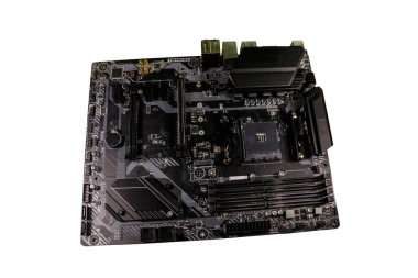 Modern bilgisayar ana kartı beyaz arka planda izole edilmiş. Elektronik bilgisayar donanım teknolojisi