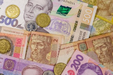 Ukrayna para birimi. Farklı Ukrayna Hryvnia para ve sikkelerinin arkaplanı