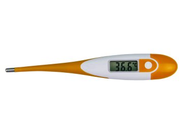 Dijital tıbbi termometre, beyaz arka planda izole edilmiş sağlıklı insan vücut ısısını 36.6 derece gösteriyor.