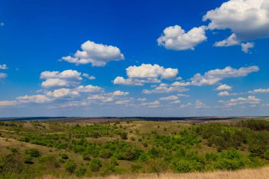 Yeşil ağaçlar, çayırlar, tarlalar ve mavi gökyüzü ile ilkbahar manzarası