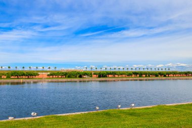 St. Petersburg, Rusya 'daki Aşağı Peterhof parkındaki Marly Sarayı yakınlarındaki Venüs bahçesi ve gölet manzarası