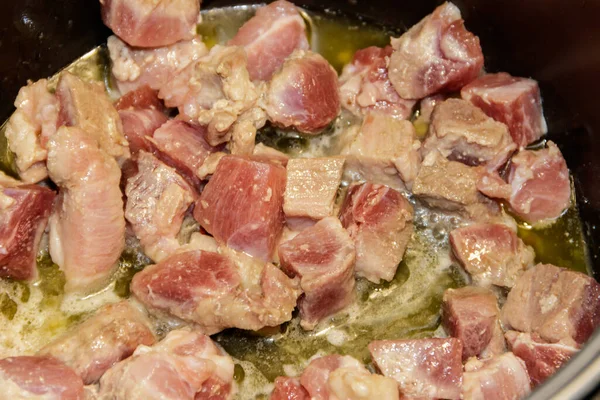 Chopped Pork Meat Cooking Slow Cooker — Stock Photo, Image