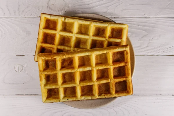 Belgische Wafels Witte Houten Tafel Bovenaanzicht — Stockfoto