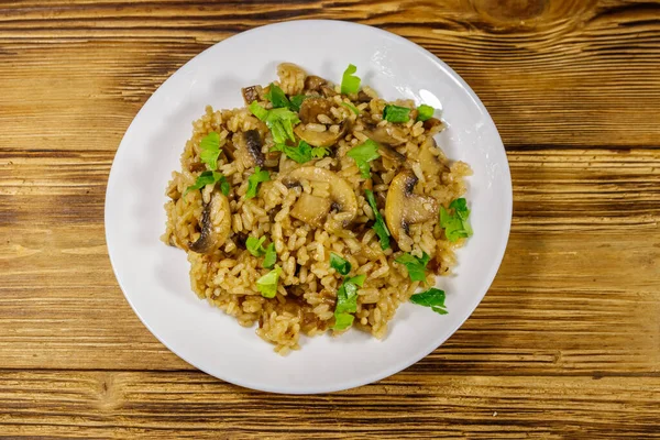 Tasty Risotto Mushrooms Wooden Table Top View Stock Image