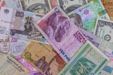 ABD dolarları, Rus rublesi, Beyaz Rusya rublesi, Mısır sterlini ve Ukrayna hrivniası