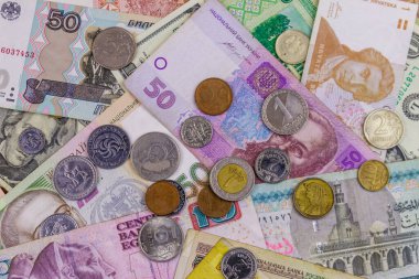 Farklı ülkelerden banknot ve madeni paraların arka planı