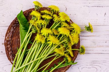 Hasır sepetteki sarı karahindiba çiçekleri beyaz ahşap arka planda. Üst görünüm