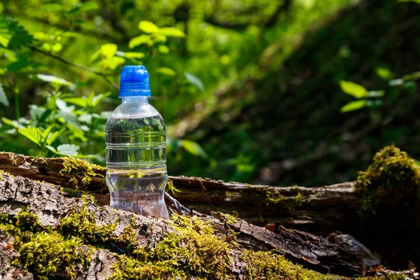 Plastikowa Butelka Słodką Wodą Pitną Zielonym Tle Lasu — Zdjęcie stockowe