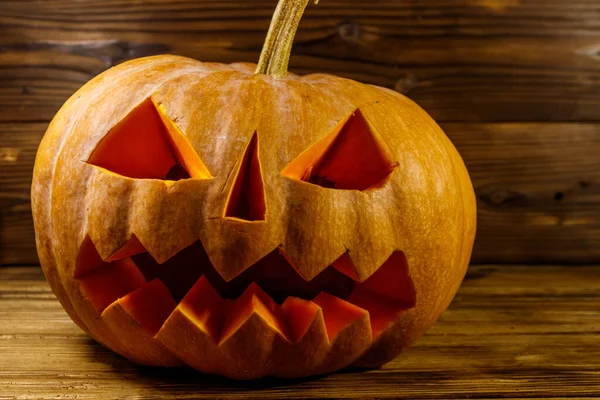 Spooky Halloween Zucca Jack Lanterna Uno Sfondo Legno — Foto Stock