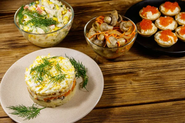 Set of various festive dishes on a wooden table — Stock Image Set Various Festive Dishes Wooden Table Stock Photo