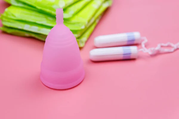 Sanitary Pad Tampons Menstrual Cup Pink Background Concept Critical Days — Stock Photo, Image