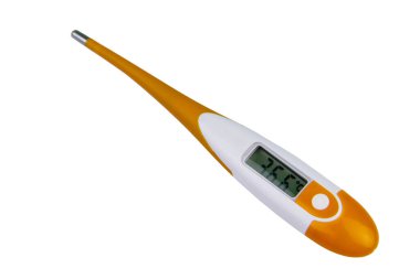 Dijital tıbbi termometre, beyaz arka planda izole edilmiş sağlıklı insan vücut ısısını 36.6 derece gösteriyor.