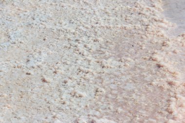 Doğal tuz kristal dokusu, makro, yakın plan. Tuzlu göl kıyısı arka planı