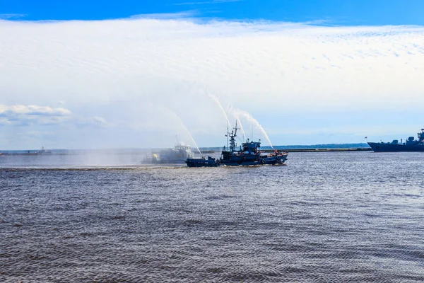 Extinguishing Burning Ship Naval Exercises — Stock Photo, Image