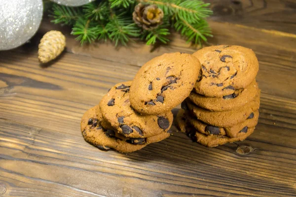 Chocolate Chip Cookies Front Christmas Decoration Wooden Table — Stock Photo, Image