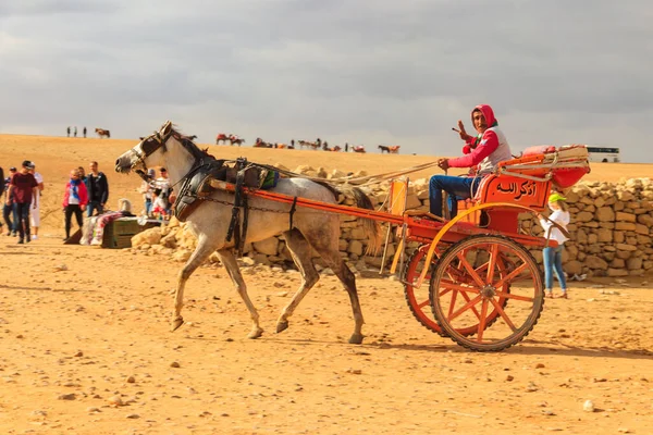 Cairo Egitto Dicembre 2018 Turisti Cavallo Carro Vicino Alle Piramidi — Foto Stock