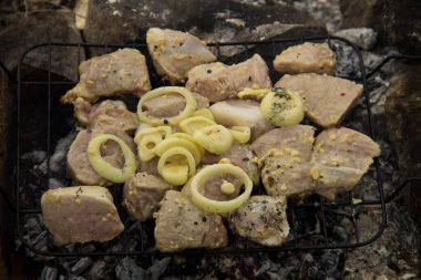 Baharatlı çiğ domuz eti. Şiş kebap hazırlığı. Kömürde marine edilmiş et.
