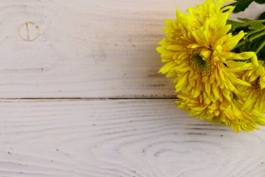 Beyaz ahşap arka planda sarı kasımpatılar. Üst görünüm, alanı kopyala