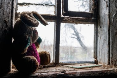 Terk edilmiş evdeki pencere eşiğinde oyuncak tavşan.