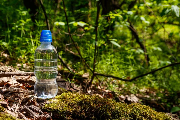 Plastikowa Butelka Słodką Wodą Pitną Zielonym Tle Lasu — Zdjęcie stockowe