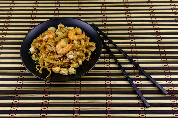 Stir Fried Rice Noodles Pad Thai Prawns Tofu Plate Bamboo — Stock Photo, Image