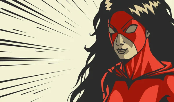 漫画红色风格女性超级英雄战斗框架哭脸径向线正方形背景打印矢量图解 — 图库矢量图片