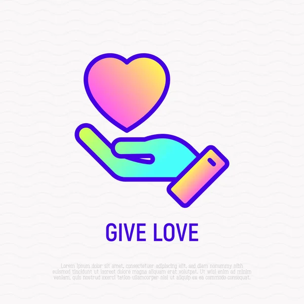 Give love, hand with heart thin line icon