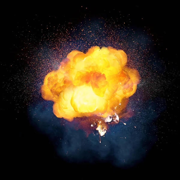 Realistic Fiery Explosion Orange Color Sparks Smoke Isolated Black Background — Stock Photo, Image