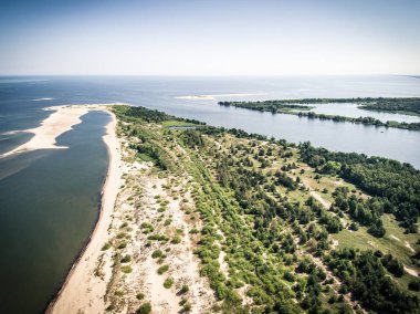 Martı kuğu ve Vistula nehir ağzı Baltık Denizi için havadan görünümü