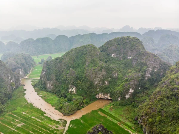 Aerial view from of Hang Mua of river, mountains and Ninh Binh province, Vietnam