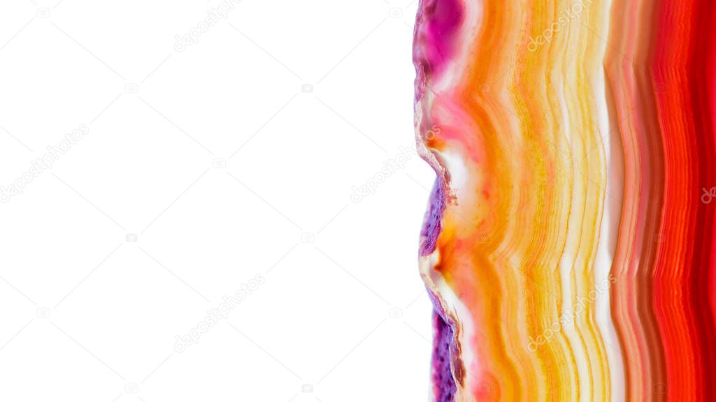 Abstract background, red orange agate slice striped mineral isolated on white