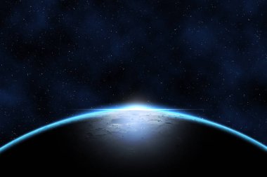 Yıldızlı kozmos gökyüzüne karşı dev mavi gezegen, amatör ay astrophotography dayalı fantezi görüntü