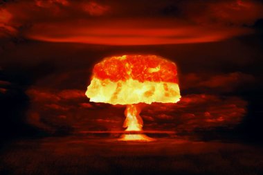 Atom bombası gerçekçi patlama, siyah arkaplanda dumanlı kırmızı renk