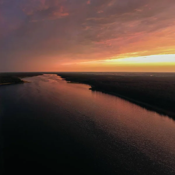 Impresionante Puesta Sol Sobre Lago Sajno Polonia Vista Aérea — Foto de Stock