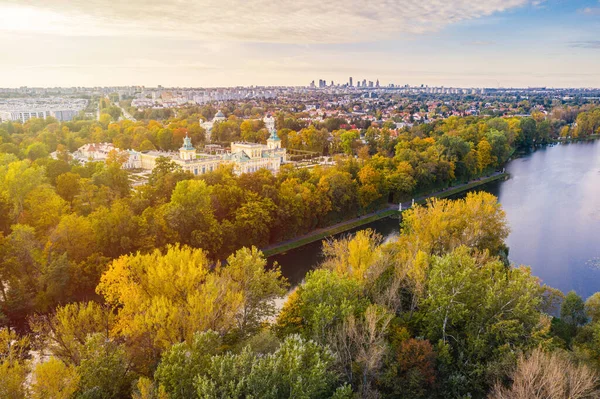 Autumn Wilanow Palace Garden Warsaw Distant City Center Aerial View — Stock Photo, Image