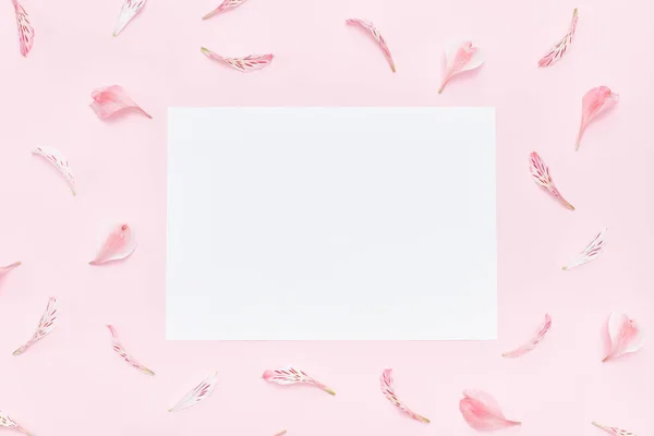 Pink background, white sheet of paper on the center. Frame of flower petals