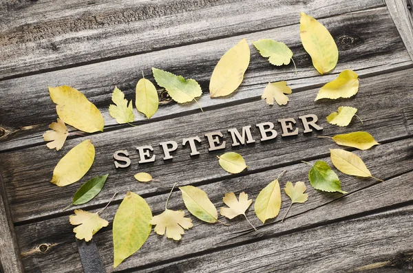Ahşap arka plan üzerinde yazıt Eylül, çerçeve sarı yaprakları